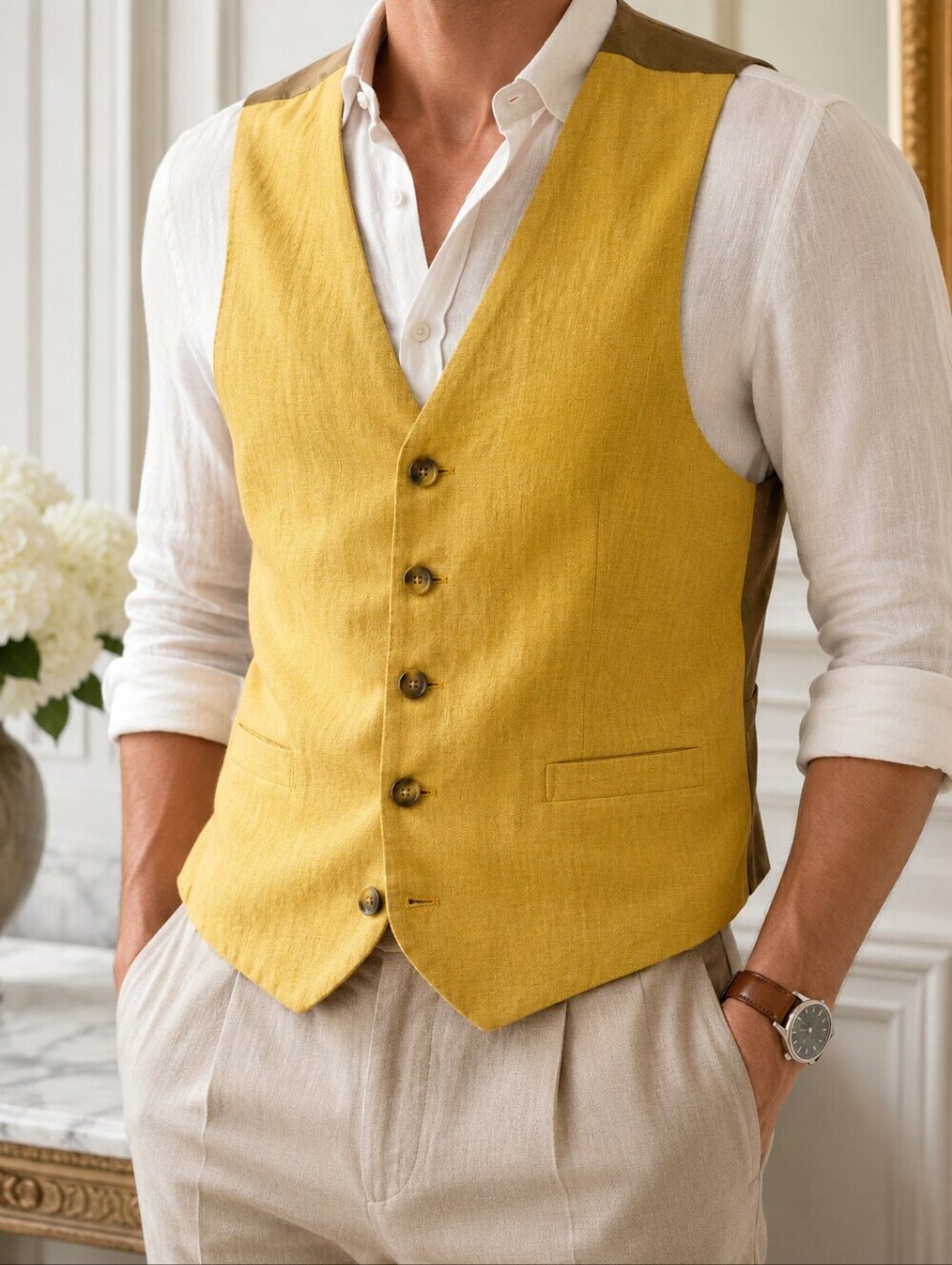 Beau Brummel Vintage Mustard Linen Vest Waistcoat XL Rare Artsy Avant Gard